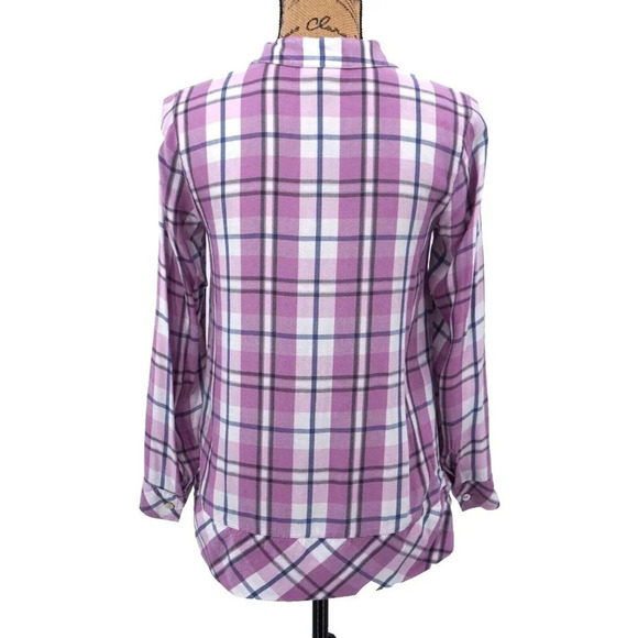 J. Jill Top Women Extra Small Plaid Lavender Ruffle Hem Button Up Blouse Shirt - Picture 2 of 10